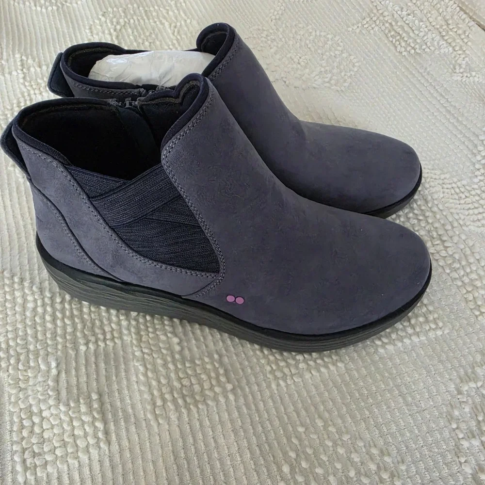 Ryka Women's Blue Wedge Ankle Boots Side Zip Comfort Booties Size 8 Water Repell